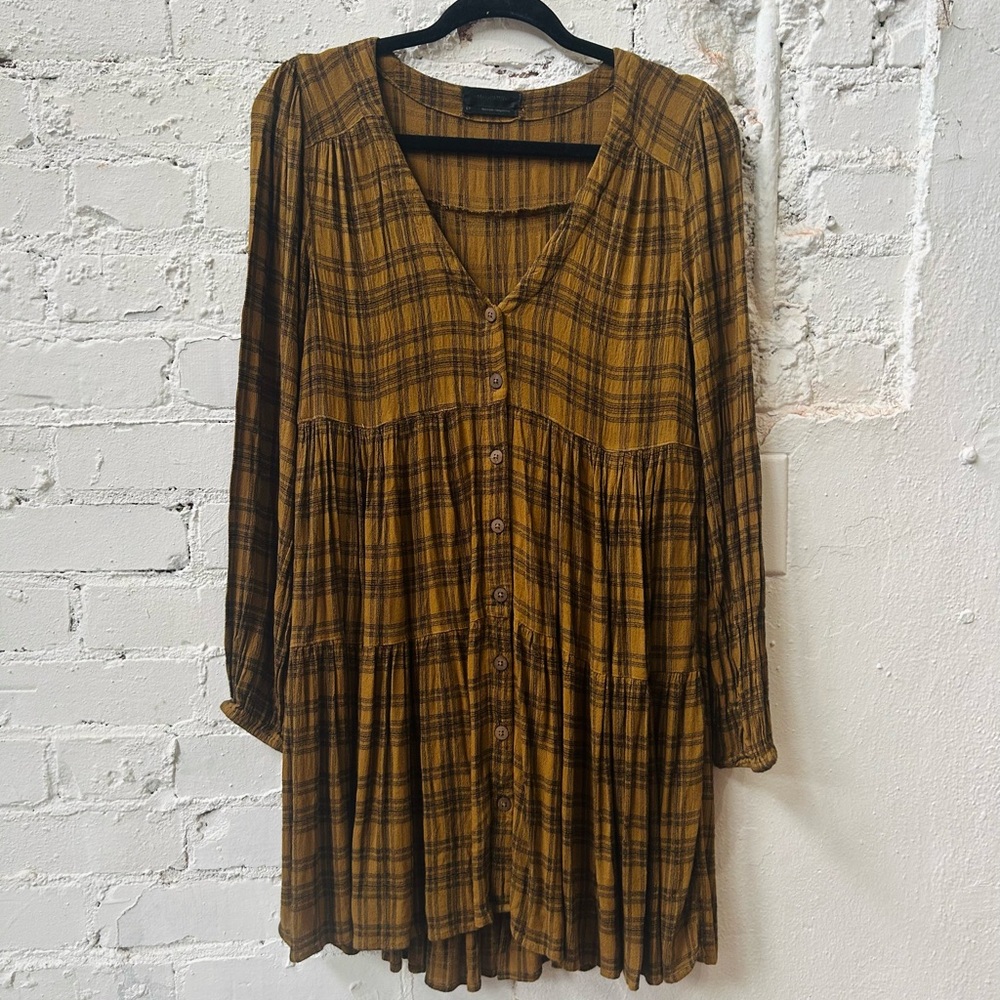 Urban Outfitters Mustard Plaid Long Sleeve Dress